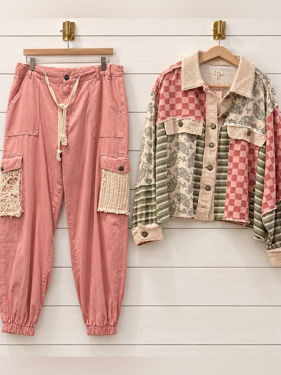 POL Pants - POL SET: “The Rosetta”Crochet-Pocket Cargo Joggers in Dusty Rose and Jacket